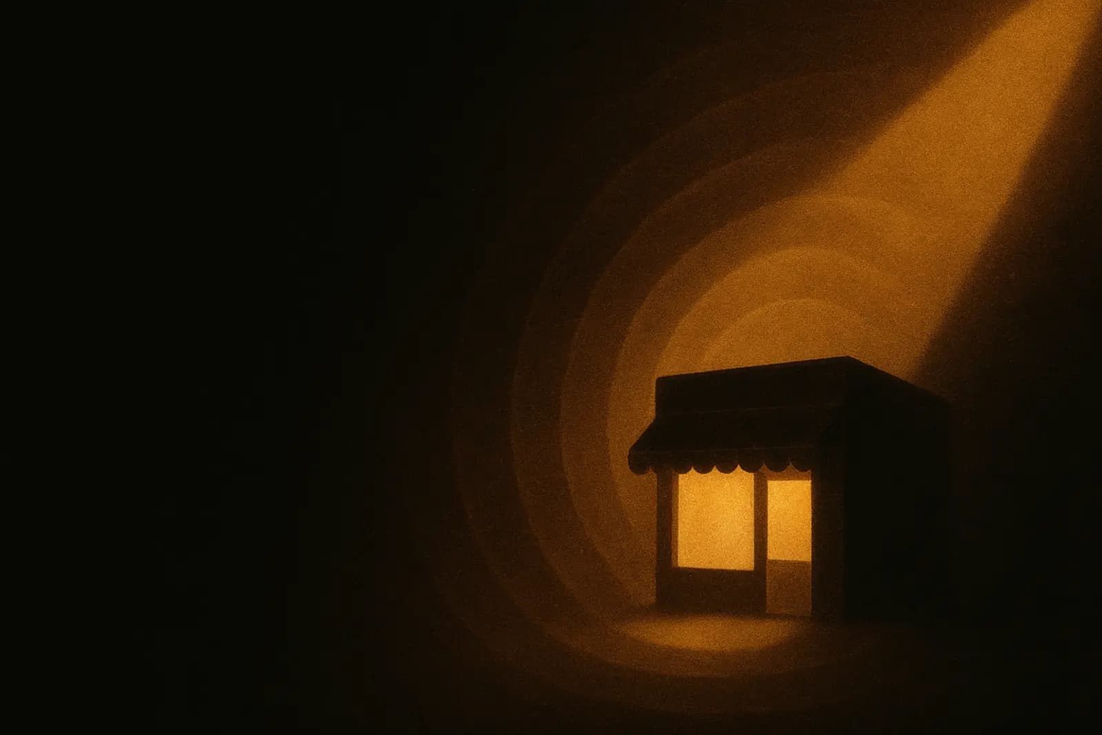 Ein kleines Geschäft, das im Dunkeln von einem warmen Lichtstrahl gefunden wird.