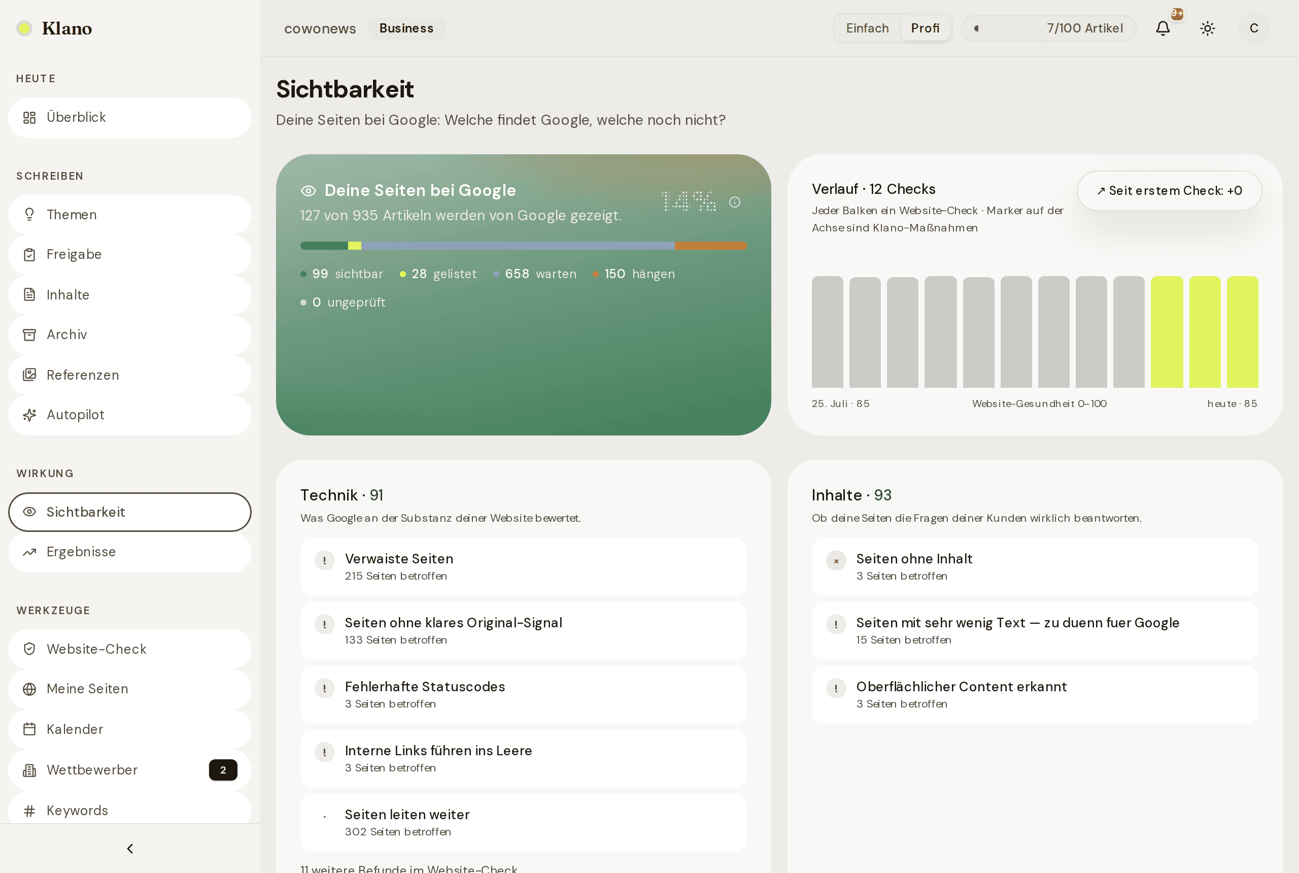 Klano-Sichtbarkeit: Seiten bei Google, Verlauf der Website-Gesundheit, Technik- und Inhalte-Befunde in Klartext.